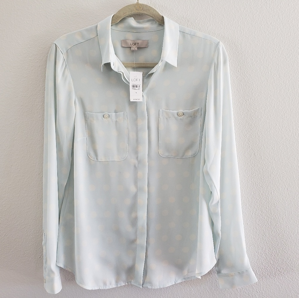 Loft Career Blue Polka Dot Button Down Small